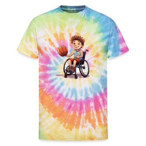 Cartoon boy in wheelchair playing basketball # - Unisex Tie Dye T-Shirt
