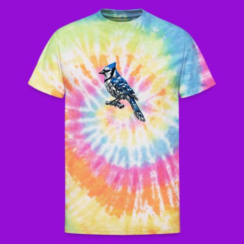 Silver Blue Jay on Perch - Unisex Tie Dye T-Shirt