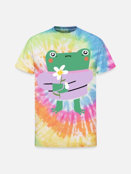 Shy Frog with Flower - Unisex Tie Dye T-Shirt - rainbow