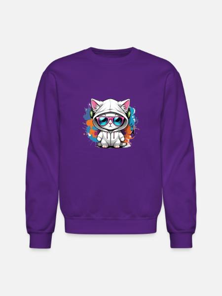 cute cat enjoying music - Unisex Crewneck Sweatshirt - purple