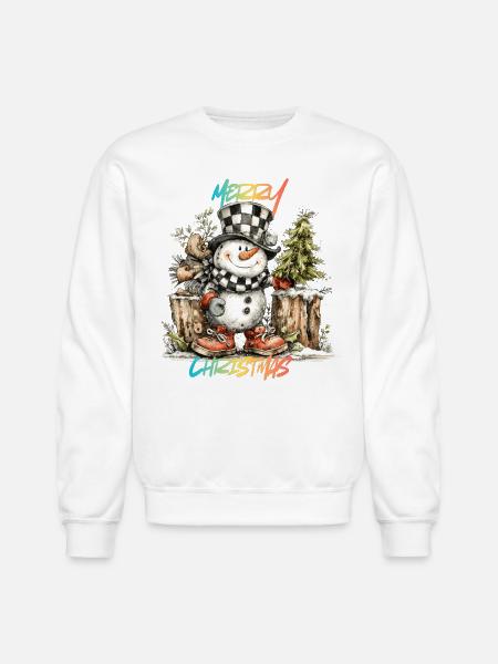 Checkerboard Snowman Christmas Tee - Unisex Crewneck Sweatshirt - white
