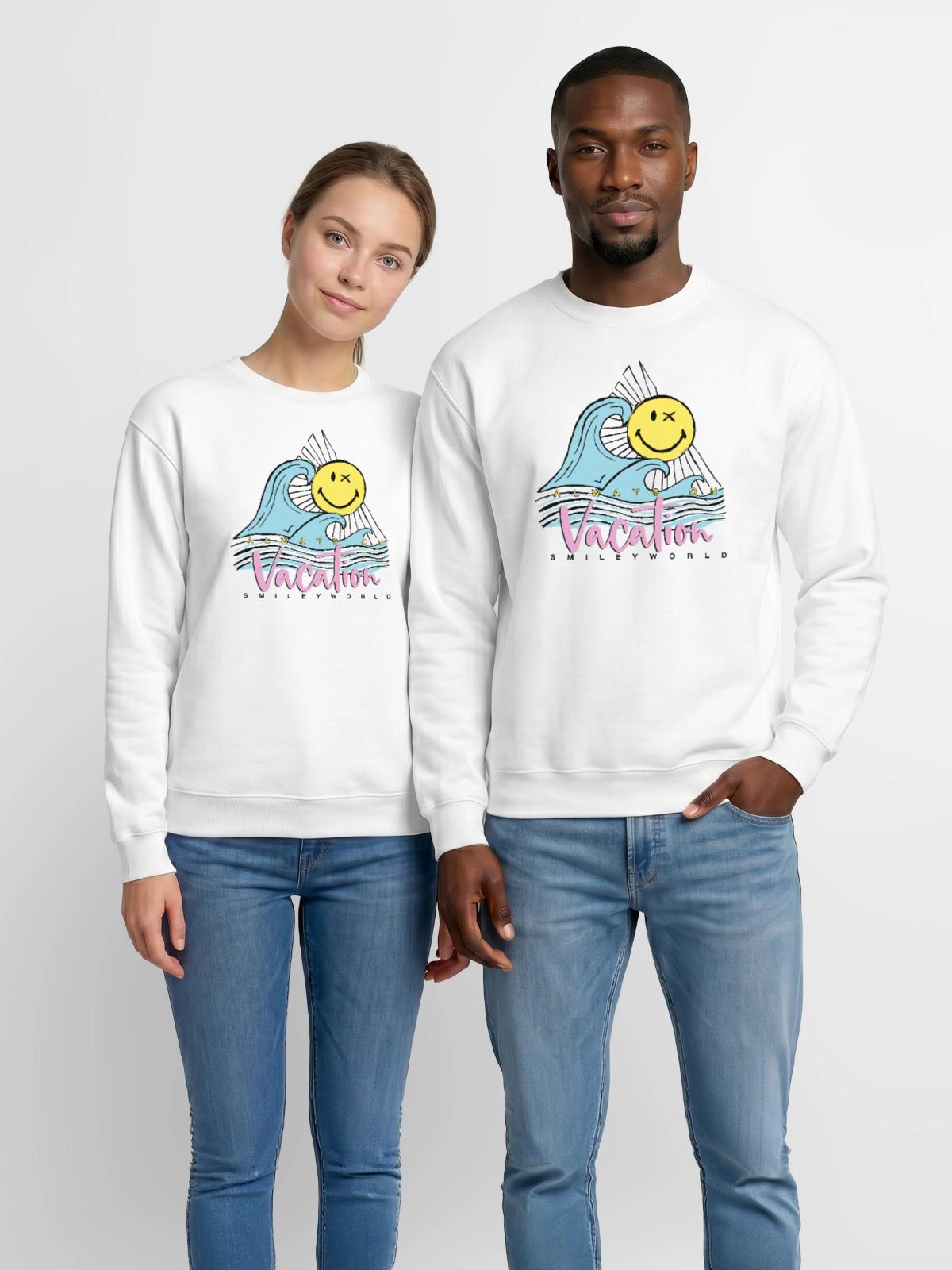 SmileyWorld Always On Vacation - Unisex Crewneck Sweatshirt - white - Front - AI Model Female 172 light (172cm) & AI Model Male 185 dark (185cm)