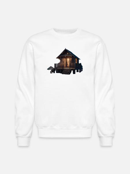 Rustic Cabin Nightscape Design - Unisex Crewneck Sweatshirt - white