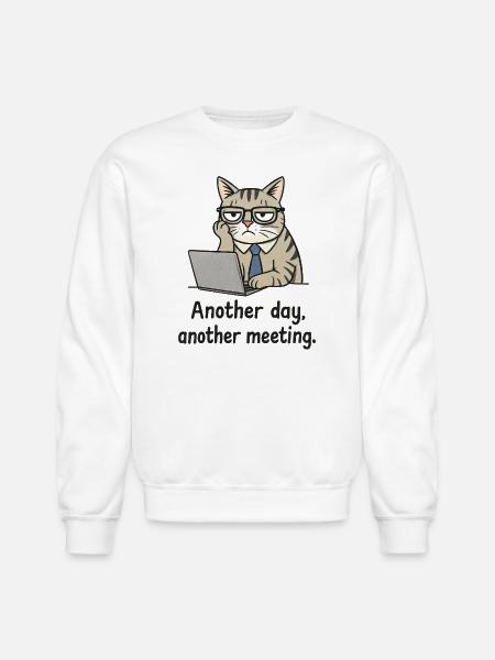 Grumpy Office Cat at Laptop - Unisex Crewneck Sweatshirt - white
