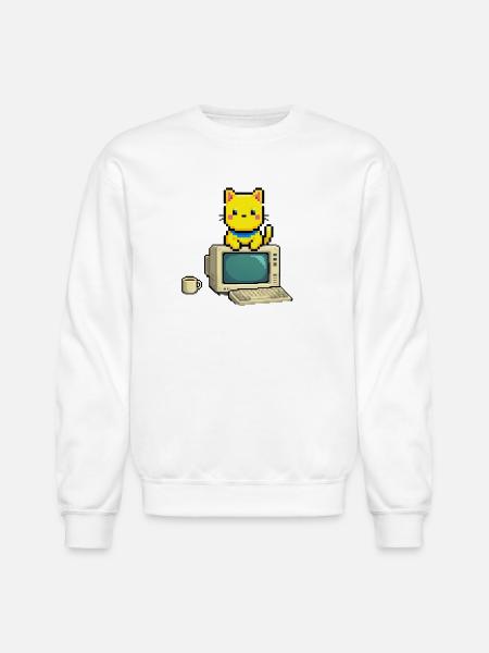 Pixel Cat on Retro Computer - Unisex Crewneck Sweatshirt - white