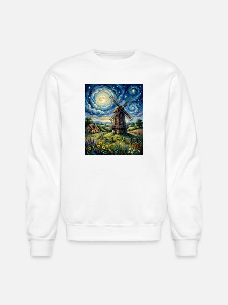 Moonlit Windmill in Bloom - Unisex Crewneck Sweatshirt - white