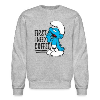 The Smurfs First I Need Coffee - Unisex Crewneck Sweatshirt - heather gray - Front - AI Model Female 172 light (172cm) & AI Model Male 185 dark (185cm)