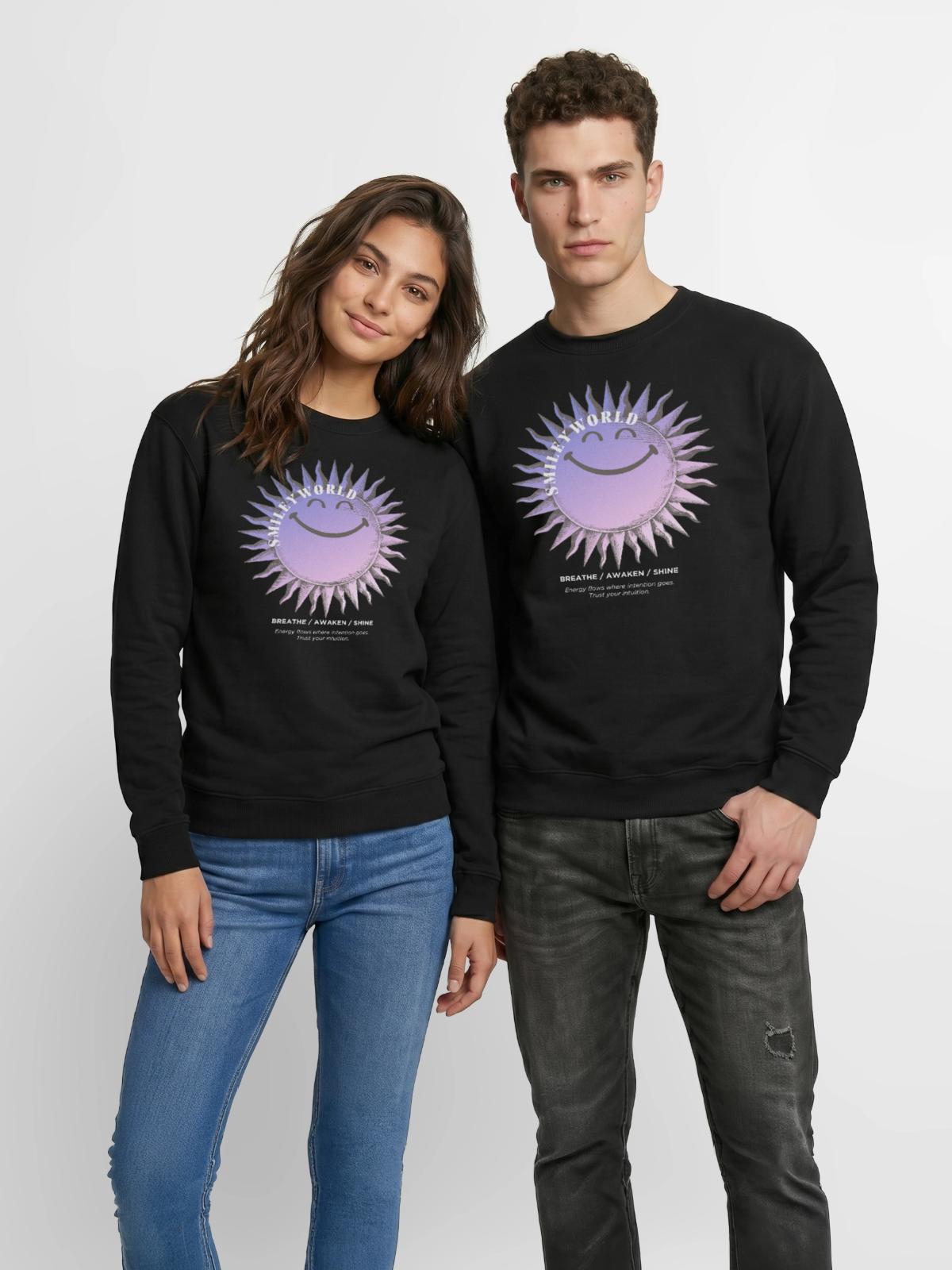 SmileyWorld Smiling Sun In Purple - Unisex Crewneck Sweatshirt - black - Front - AI Model Female 172 light (172cm) & AI Model Male 185 light (185cm)