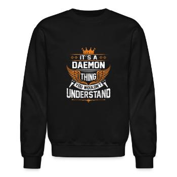 Daemon Name T Shirt - Daemon Things Name Gift Item - Unisex Crewneck Sweatshirt - black - Front - AI Model Female 172 light (172cm) & AI Model Male 185 light (185cm)
