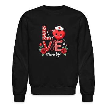 Love Heart Stethoscope Nurse Life Valentines Day - Unisex Crewneck Sweatshirt - black - Front - AI Model Female 172 light (172cm) & AI Model Male 185 light (185cm)