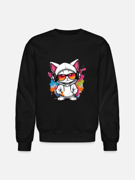 cute cat enjoying music - Unisex Crewneck Sweatshirt - black
