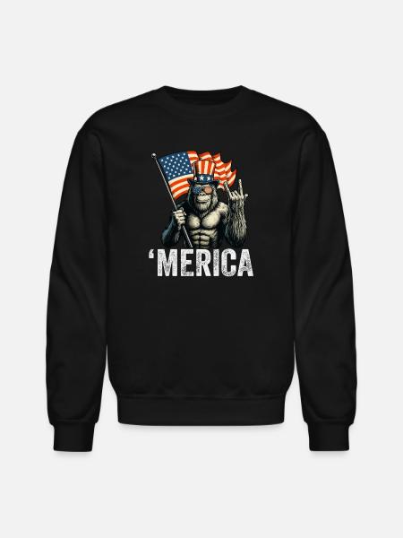 Bigfoot Merica Rock American Flag - Unisex Crewneck Sweatshirt - black