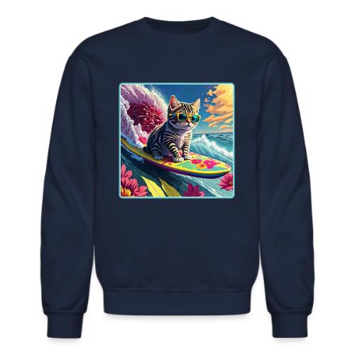 Kitten Surfing A Pink Flower Wave - Unisex Crewneck Sweatshirt