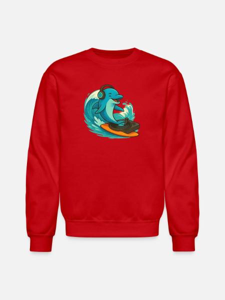 Dolphin DJ Surfing Wave - Unisex Crewneck Sweatshirt - red