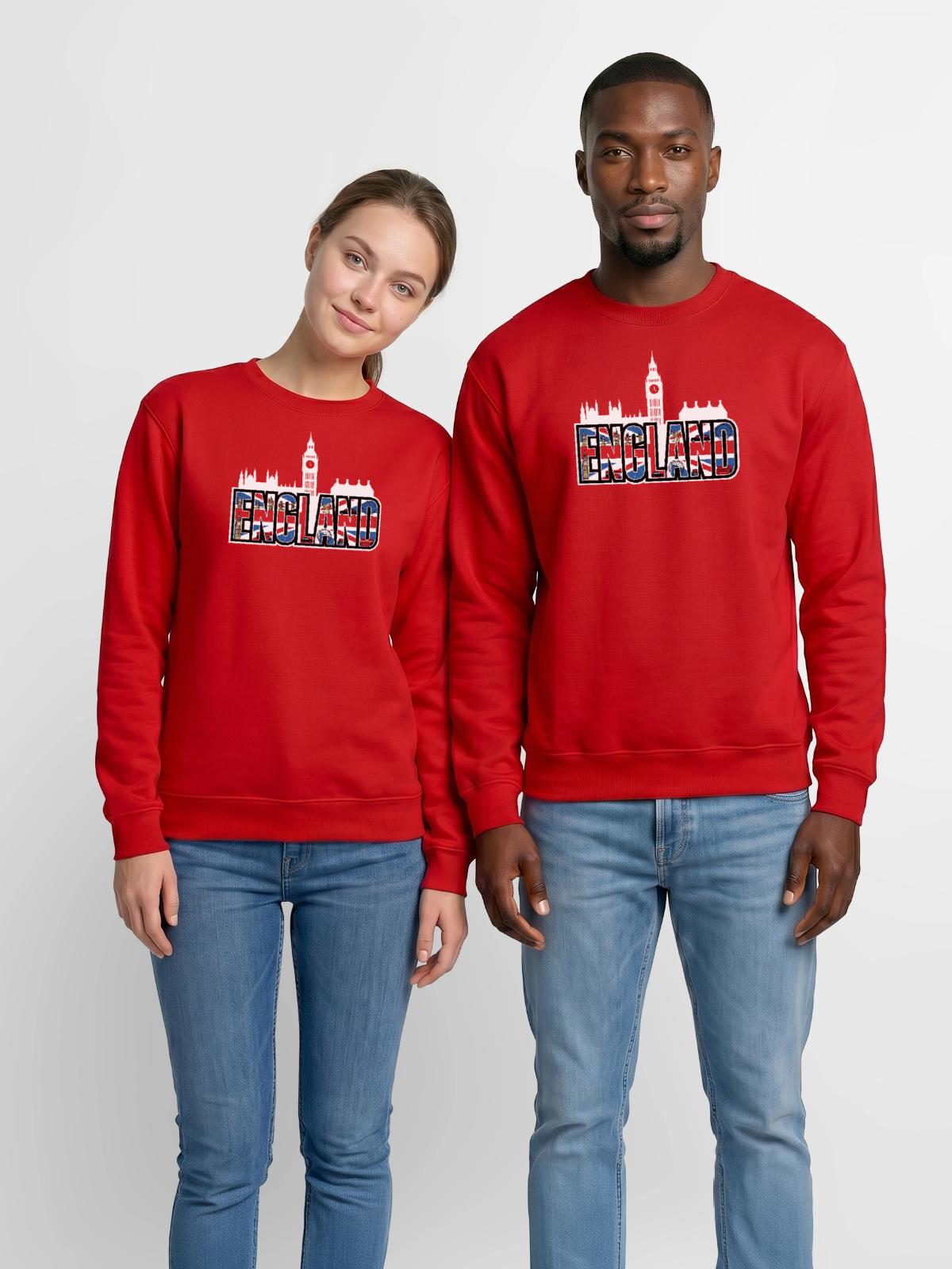 England - Unisex Crewneck Sweatshirt - red - Front - AI Model Female 172 light (172cm) & AI Model Male 185 dark (185cm)