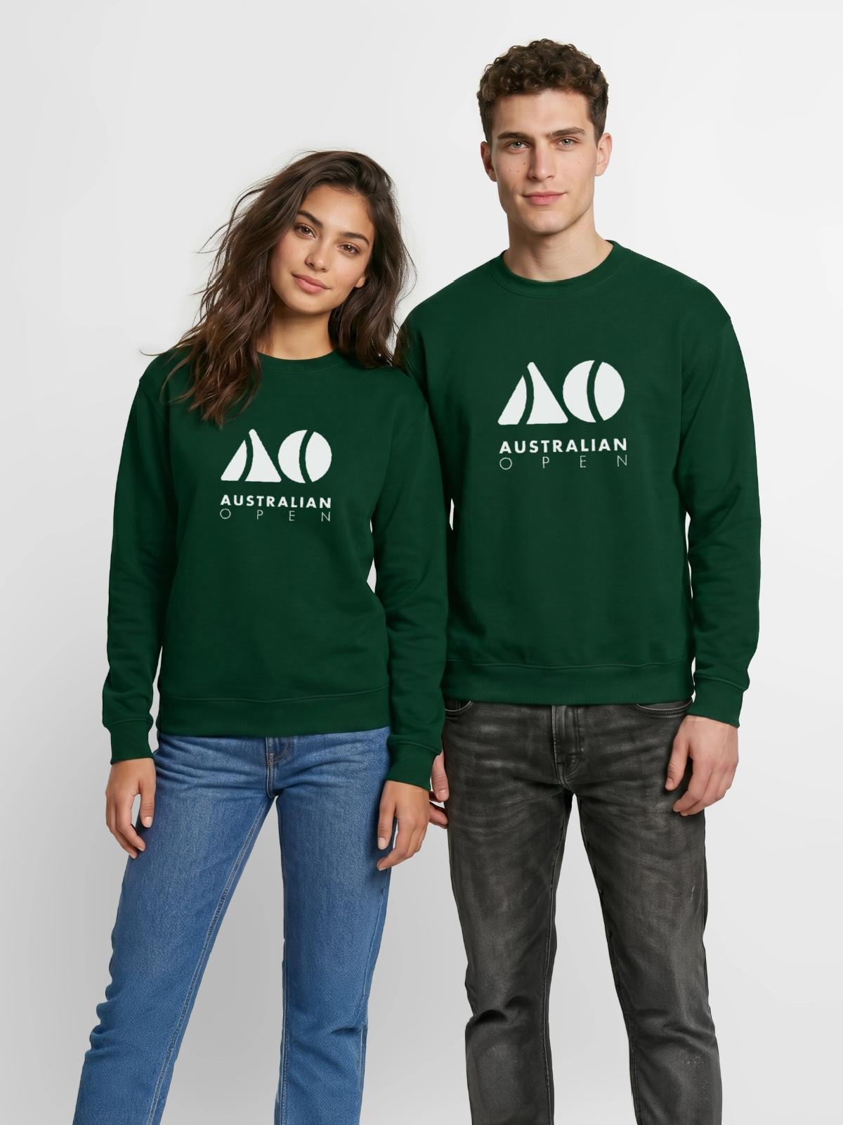 Australian Open Logo - Unisex Crewneck Sweatshirt - forest green - Front - AI Model Female 172 light (172cm) & AI Model Male 185 light (185cm)