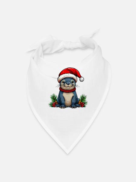 Festive Otter with Santa Hat - Bandana - white