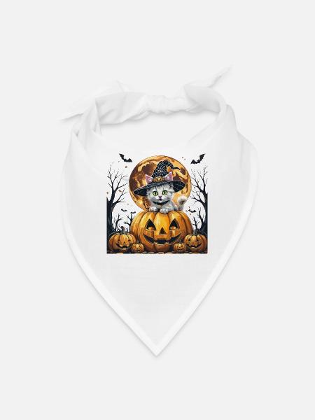 Whimsical Halloween Cat with Jack-o'-Lanterns - Bandana - white - Front