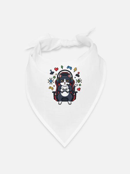 Gamer Cat in Chair with Headset - Bandana - white - Front