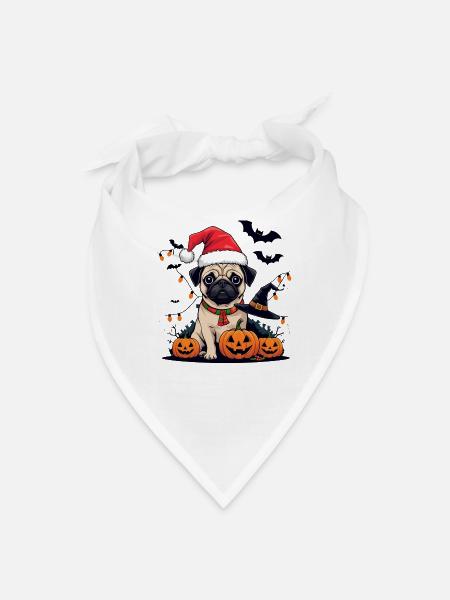 Halloween Pug Santa Pumpkin Trio - Bandana - white
