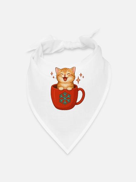 Happy Kitten in a Christmas Mug - Bandana - white