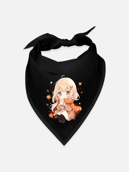 Fall Chibi Girl Autumn Leaves Pumpkin Spice Latte - Bandana - black