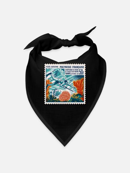 Vintage French Polynesia Spearfishing Stamp Art - Bandana - black - Front