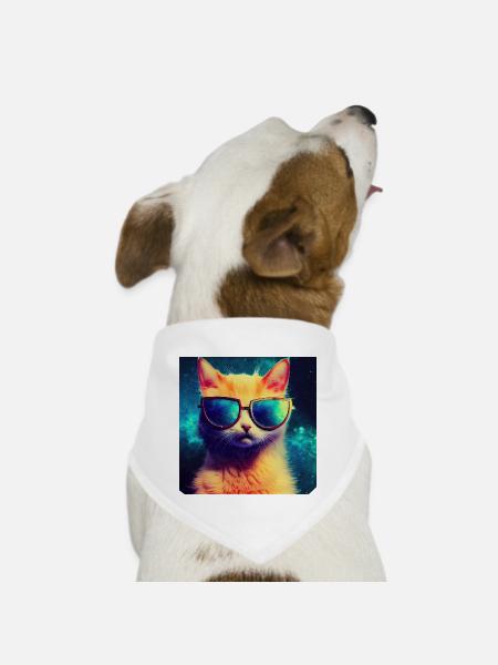 Funny Cat Face with Funky glasses - Dog Bandana - white - Front