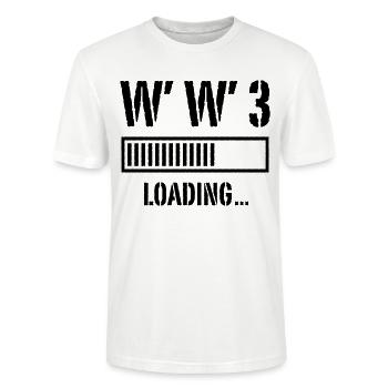 World War 3 Loading … (Peace / Threat Of War / B) - Stanley/Stella Crafter Unisex Organic T-Shirt - white - Front - AI Model Male 185 dark (185cm) & AI Model Female 180 light (180cm)