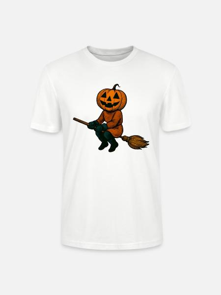 Pumpkinhead Witch on Broom - Stanley/Stella Crafter Unisex Organic T-Shirt - white