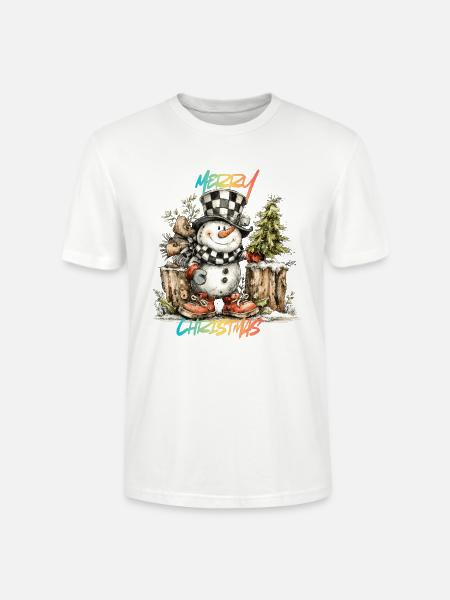 Checkerboard Snowman Christmas Tee - Stanley/Stella Crafter Unisex Organic T-Shirt - white