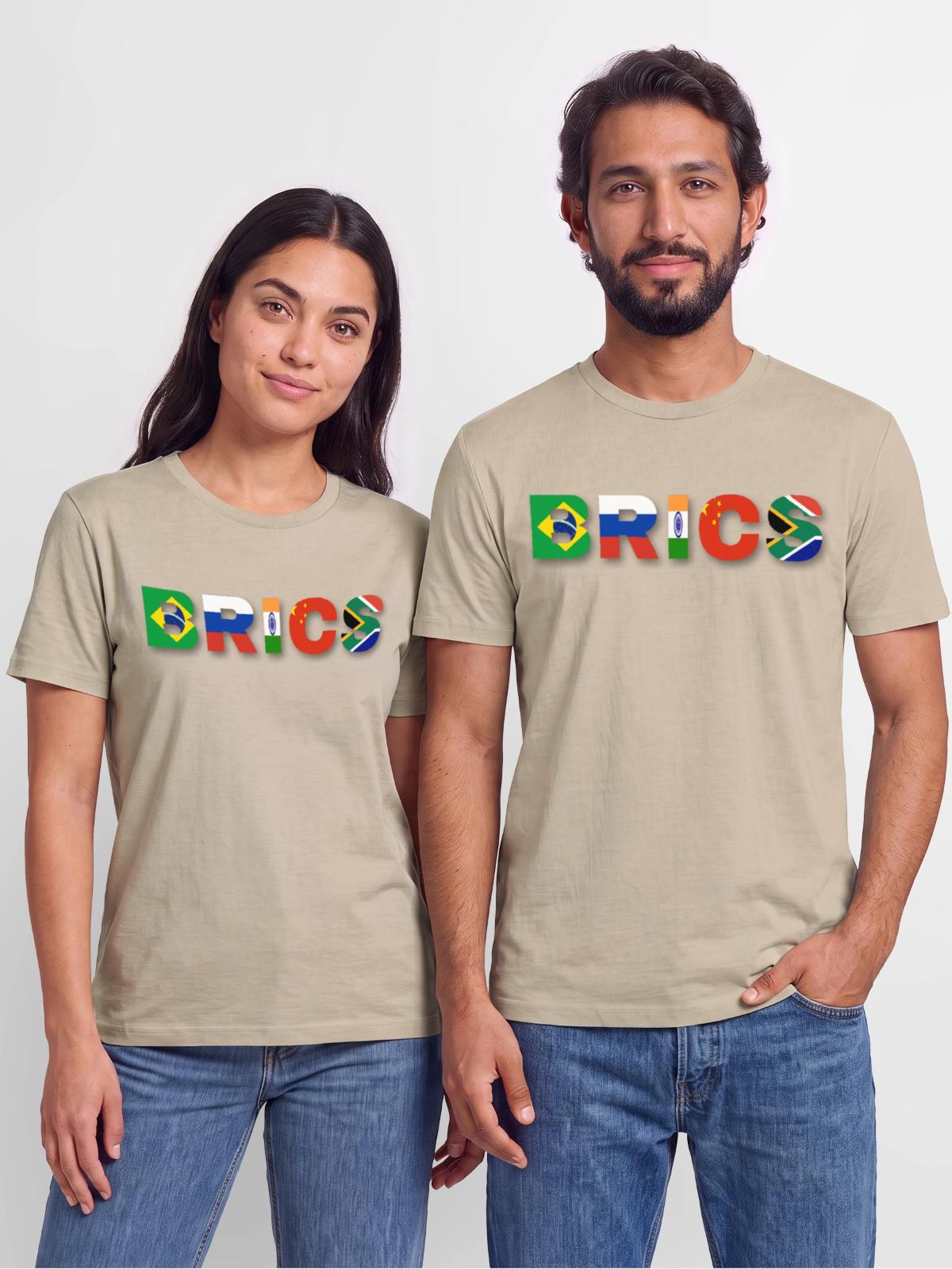 Brics - Stanley/Stella Crafter Unisex Organic T-Shirt - dust - Front - AI Model Male 185 light (185cm) & AI Model Female 180 light (180cm)