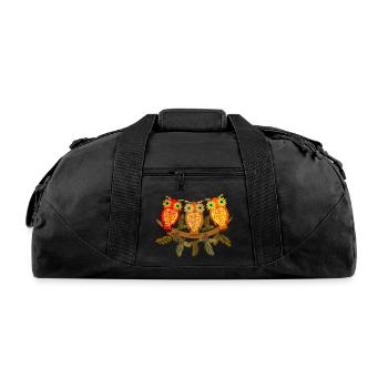 Three colorful owls with pine tree branches - Recycled Duffel Bag - black - Front