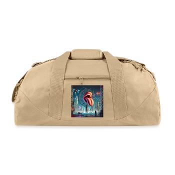 Cyberpunk Pop Art – Futuristic Neon Cityscape - Recycled Duffel Bag - beige - Front