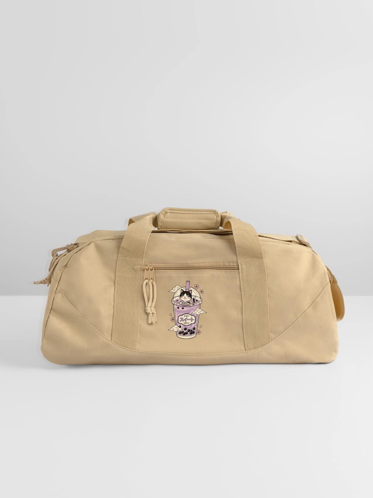 Lavender Boba Cat - Recycled Duffel Bag - beige - Front