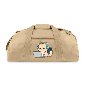 Cute Orange Tabby with Headphones and Laptop - Recycled Duffel Bag - beige - Front