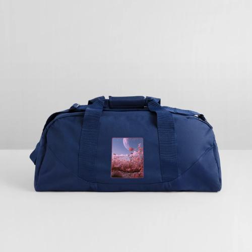 Cosmic Moon & Cosmos Flowers Art - Recycled Duffel Bag