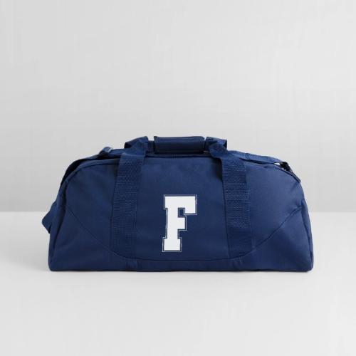White Letter F – Varsity Alphabet Monogram - Recycled Duffel Bag