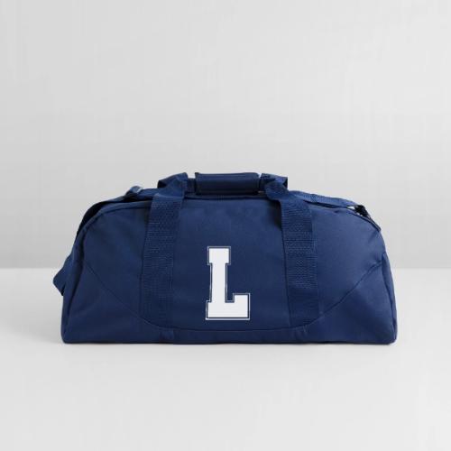 White Letter L – Varsity Alphabet Monogram - Recycled Duffel Bag
