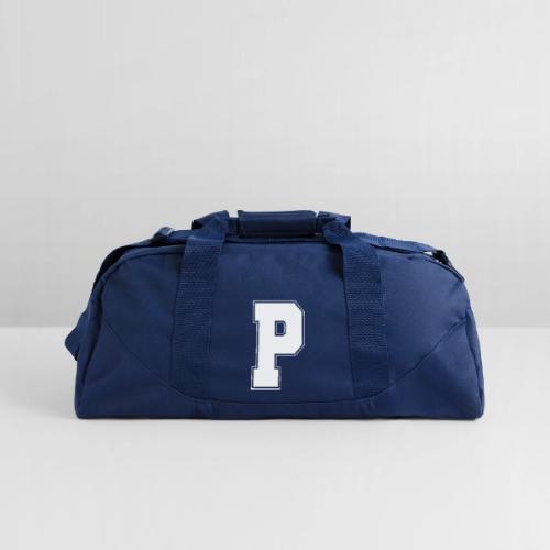White Letter P – Varsity Alphabet Monogram - Recycled Duffel Bag