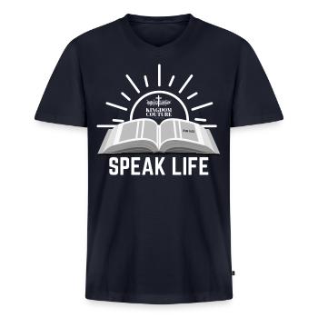 Speak Life - Men's Premium Organic V-Neck T-Shirt - navy - Front - AI Model Male 178 light (178cm)