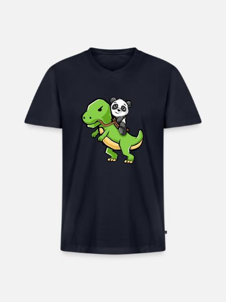 Panda riding a T-Rex Dinosaur - Funny Dinosaur - Men's Premium Organic V-Neck T-Shirt - navy