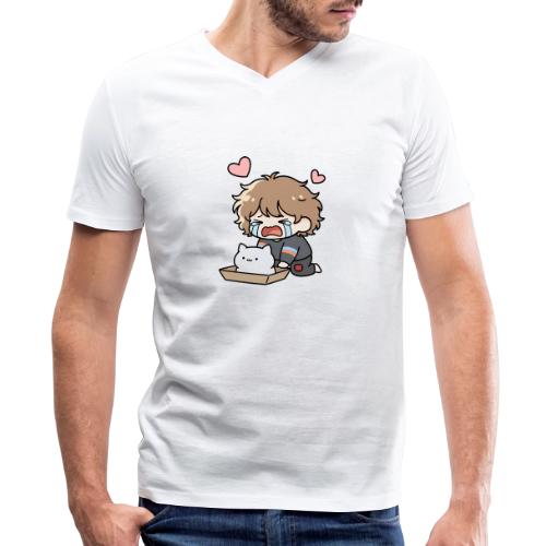 Crying Chibi Boy with Stray Cat - Men's V-Neck T-Shirt by Bella + Canvas