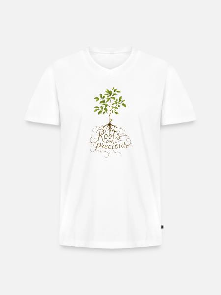 "Roots Are Precious" Tree Design - Men's Premium Organic V-Neck T-Shirt - white