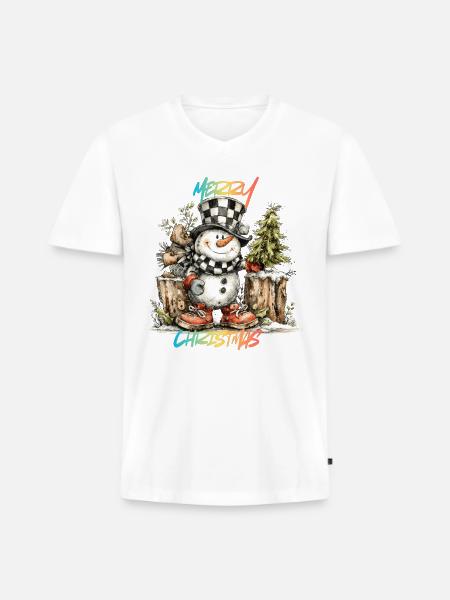 Checkerboard Snowman Christmas Tee - Men's Premium Organic V-Neck T-Shirt - white