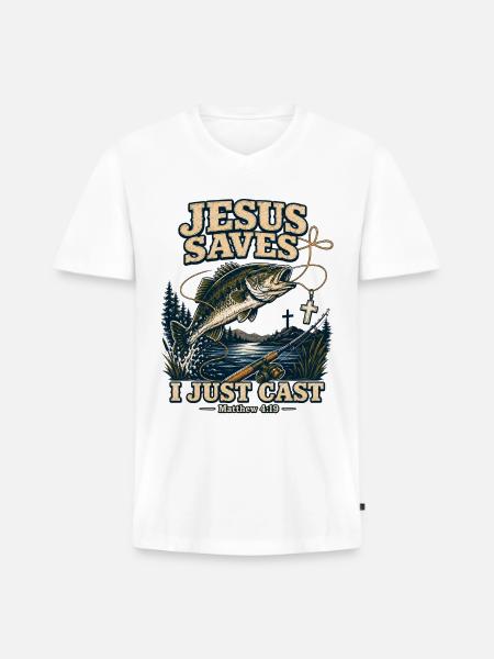 Jesus Saves I Just Cast Christian Fishing - Men's Premium Organic V-Neck T-Shirt - white