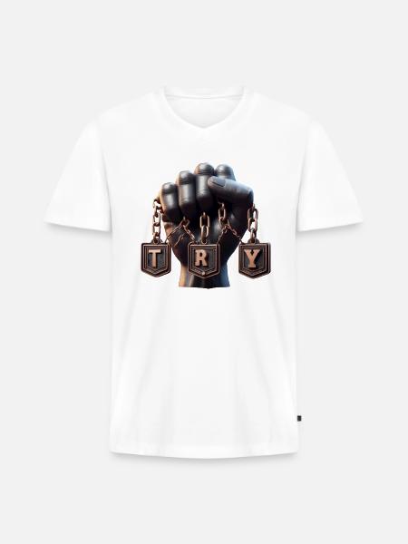 Hand with TRY Plaques - Men's Premium Organic V-Neck T-Shirt - white