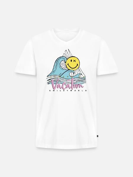 SmileyWorld Always On Vacation - Men's Premium Organic V-Neck T-Shirt - white