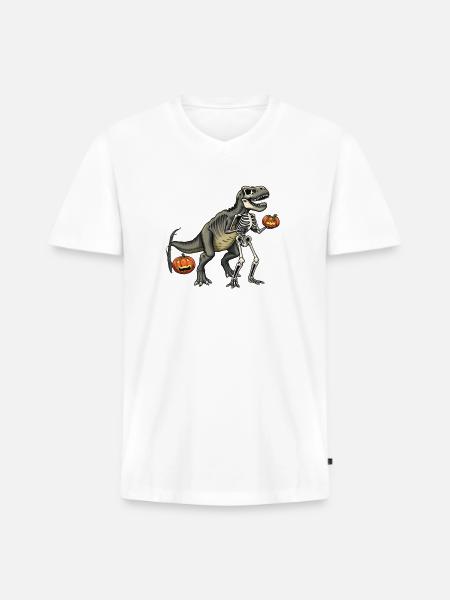 Dinosaur Skeleton Carving with Jack-o-Lantern - Men's Premium Organic V-Neck T-Shirt - white