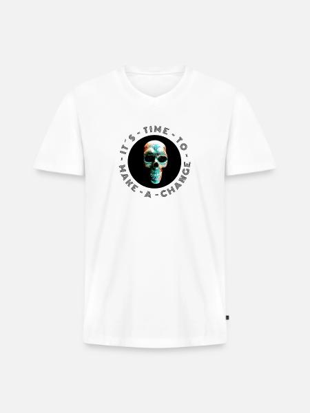 Neon Halftone Skull, Halloween, Skeleton - Men's Premium Organic V-Neck T-Shirt - white